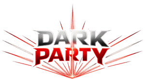 Bright red and black "Dark Party" logo with explosive design elements for nightlife event promotion.