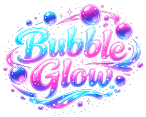 Bright, colorful bubble glow logo with pink, purple, and blue bubbles and sparkles for Bubble Glow b.
