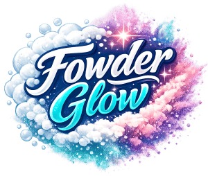 Bright powder explosion with "Fowder Glow" text, vibrant colors, and sparkling effects for skincare.