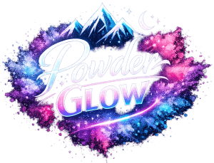 Powder Glow logo with mountain and cosmic background, vibrant colors, and glowing text.