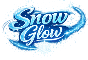 Snow Glow logo with sparkling icy effects and glowing stars, emphasizing winter beauty and illuminat.