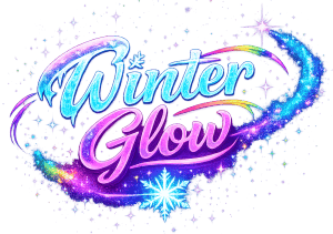 Winter Glow festive logo with colorful snowflakes and sparkling effects, emphasizing winter-themed b.