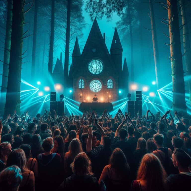 EDM concert at a mystical forest-themed venue with vibrant lighting and a large crowd.
