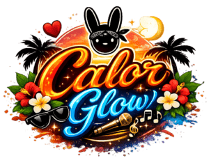 OPERATION GLOW, vibrant logo with tropical elements and musical symbols, promoting glow and wellness.