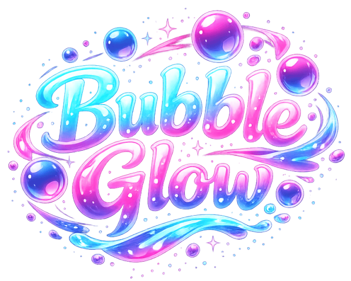 Bright, colorful bubble glow logo with pink, purple, and blue bubbles and sparkles for Bubble Glow b.