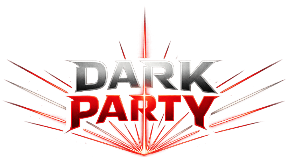 Bright red and black "Dark Party" logo with explosive design elements for nightlife event promotion.
