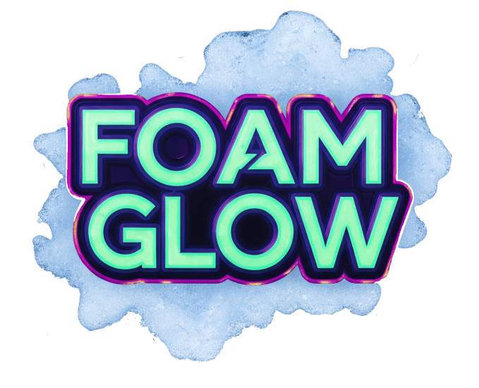 FOAM GLOW neon sign with colorful glow and foam splash background for event entertainment.