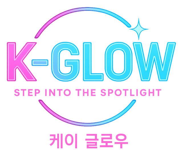 K-GLOW logo with Korean text, emphasizing skincare and beauty spotlight.