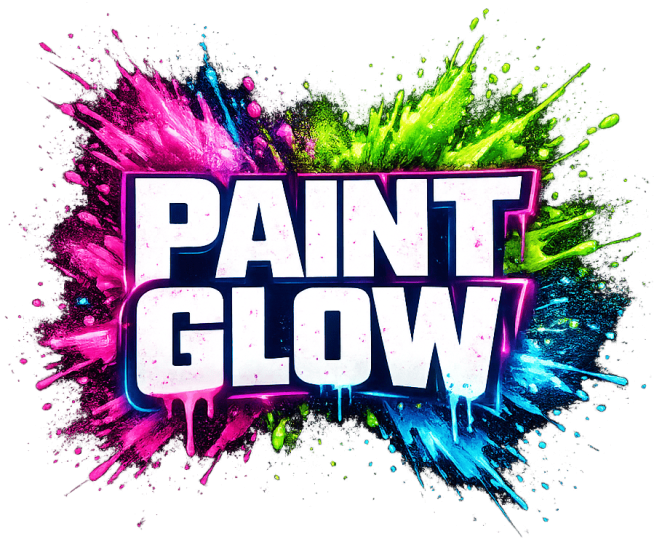 Bright neon paint splashes with "Paint Glow" text for vibrant, artistic expression and creative even.