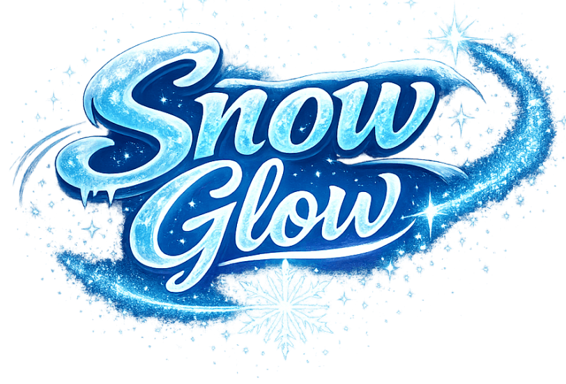 Snow Glow logo with sparkling icy effects and glowing stars, emphasizing winter beauty and illuminat.