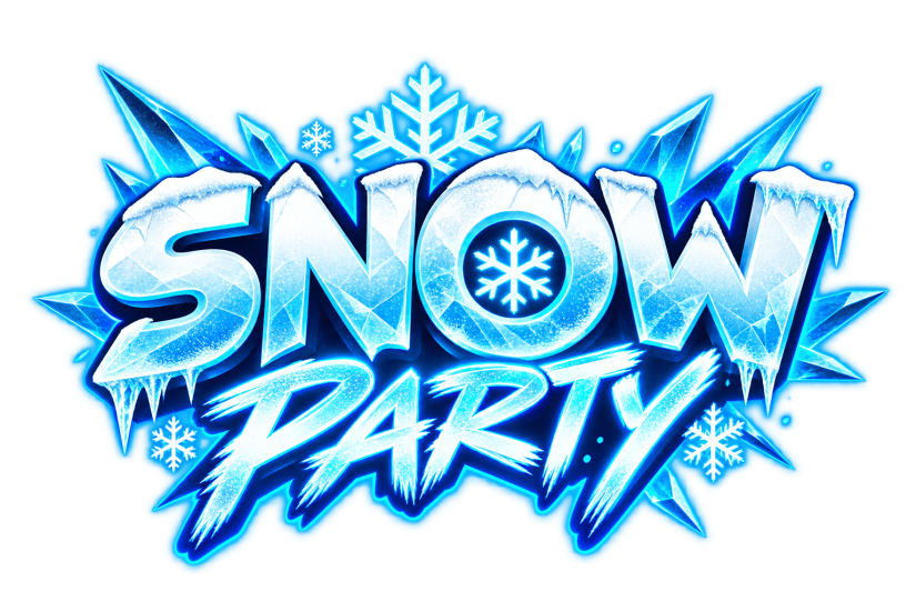Snow Party logo with icy blue snowflakes and bold text for winter event.