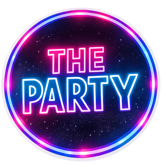Bright neon sign reading "THE PARTY" with vibrant pink, purple, and blue colors on a starry dark bac.