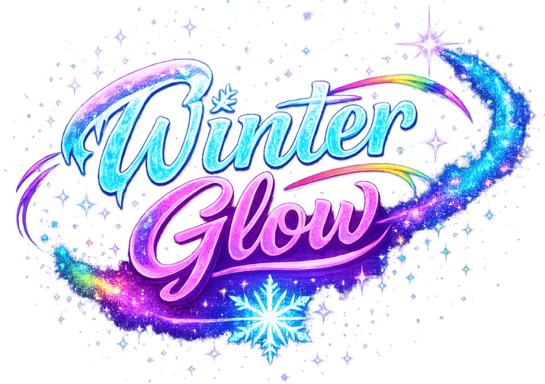 Winter Glow festive logo with colorful snowflakes and sparkling effects, emphasizing winter-themed b.